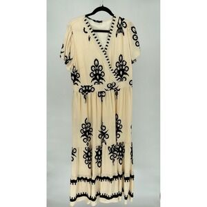 PrettyGarden Women XL Cream Black Damask Print Wrap V-Neck Tiered Maxi Dress